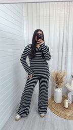 Chunky Stripe Rugby Sweatshirt and Trousers Co-Ord - BLACK