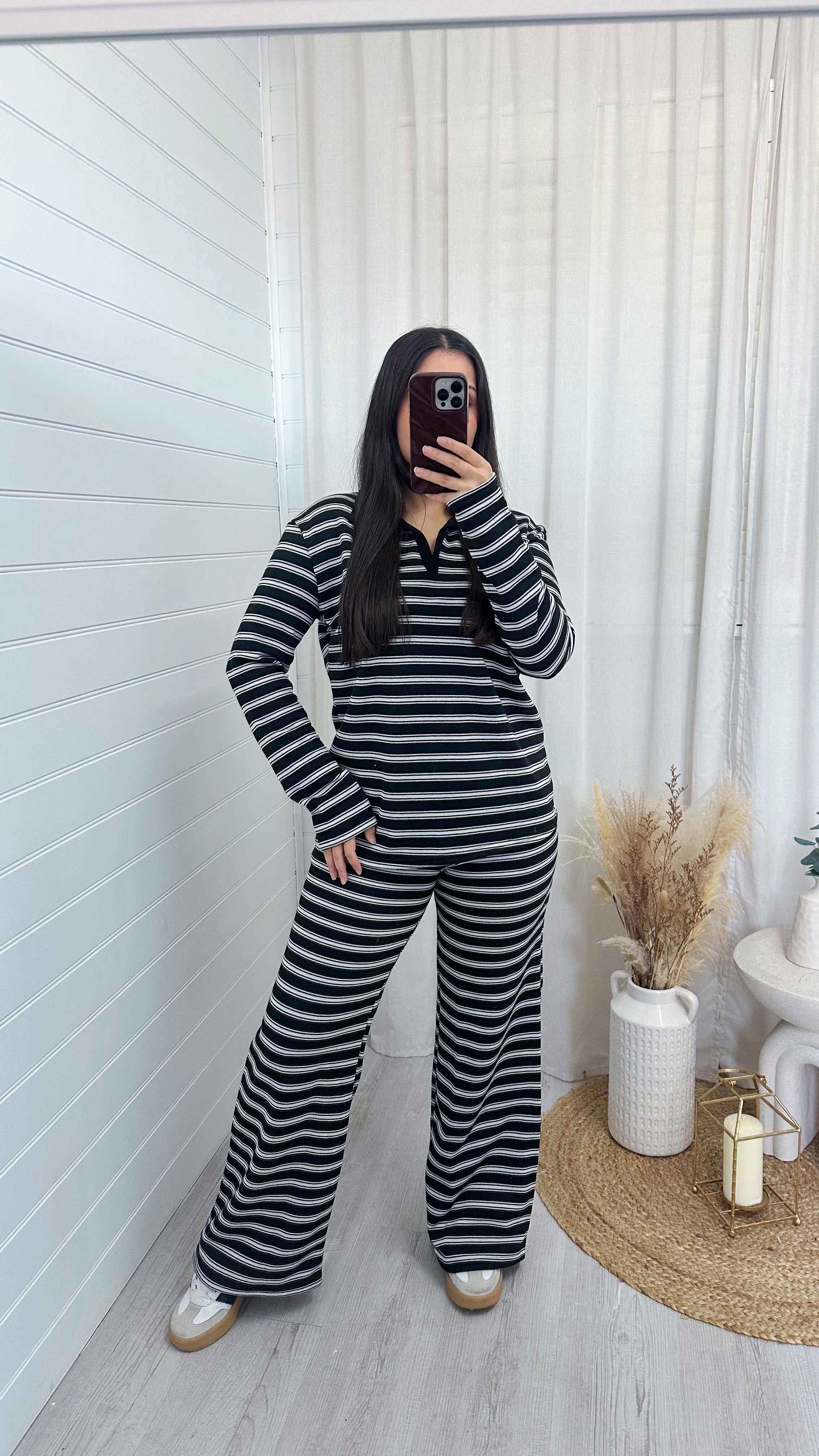 Chunky Stripe Rugby Sweatshirt and Trousers Co-Ord - BLACK