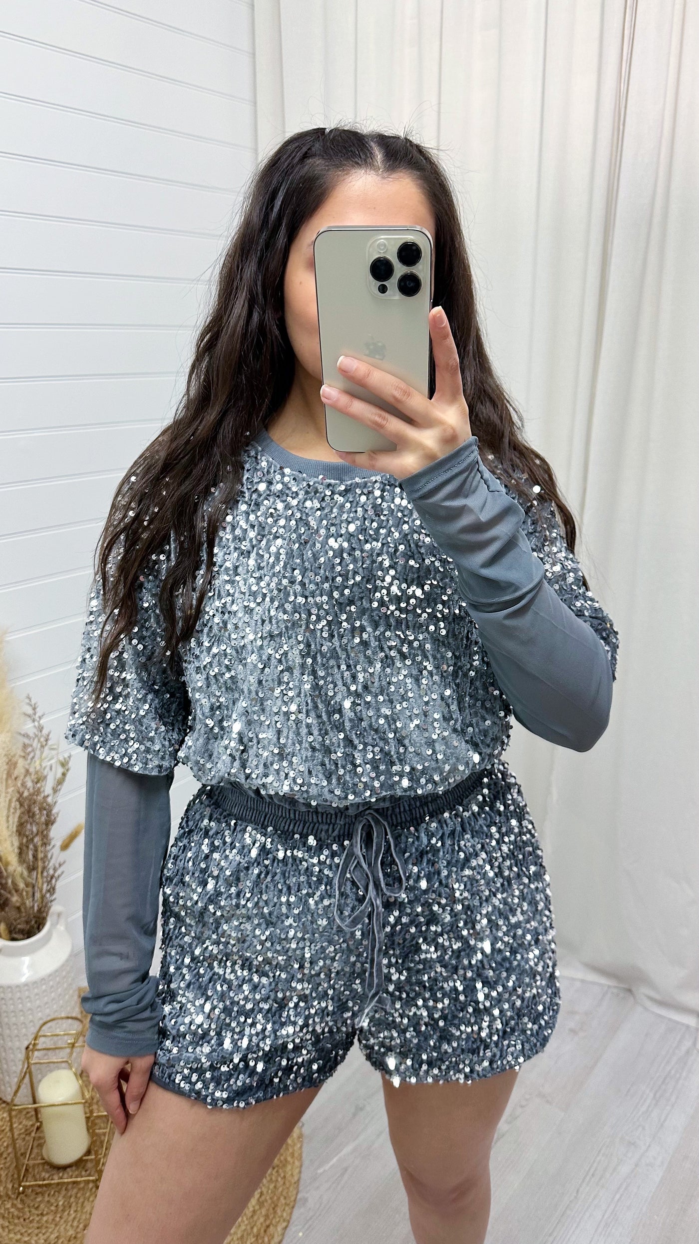 Mesh Sleeve Oversized Sequin T-Shirt - SILVER