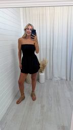 Shirred Bardot Frill Playsuit - BLACK