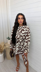 Abstract Print Tie Waist Dress - BROWN