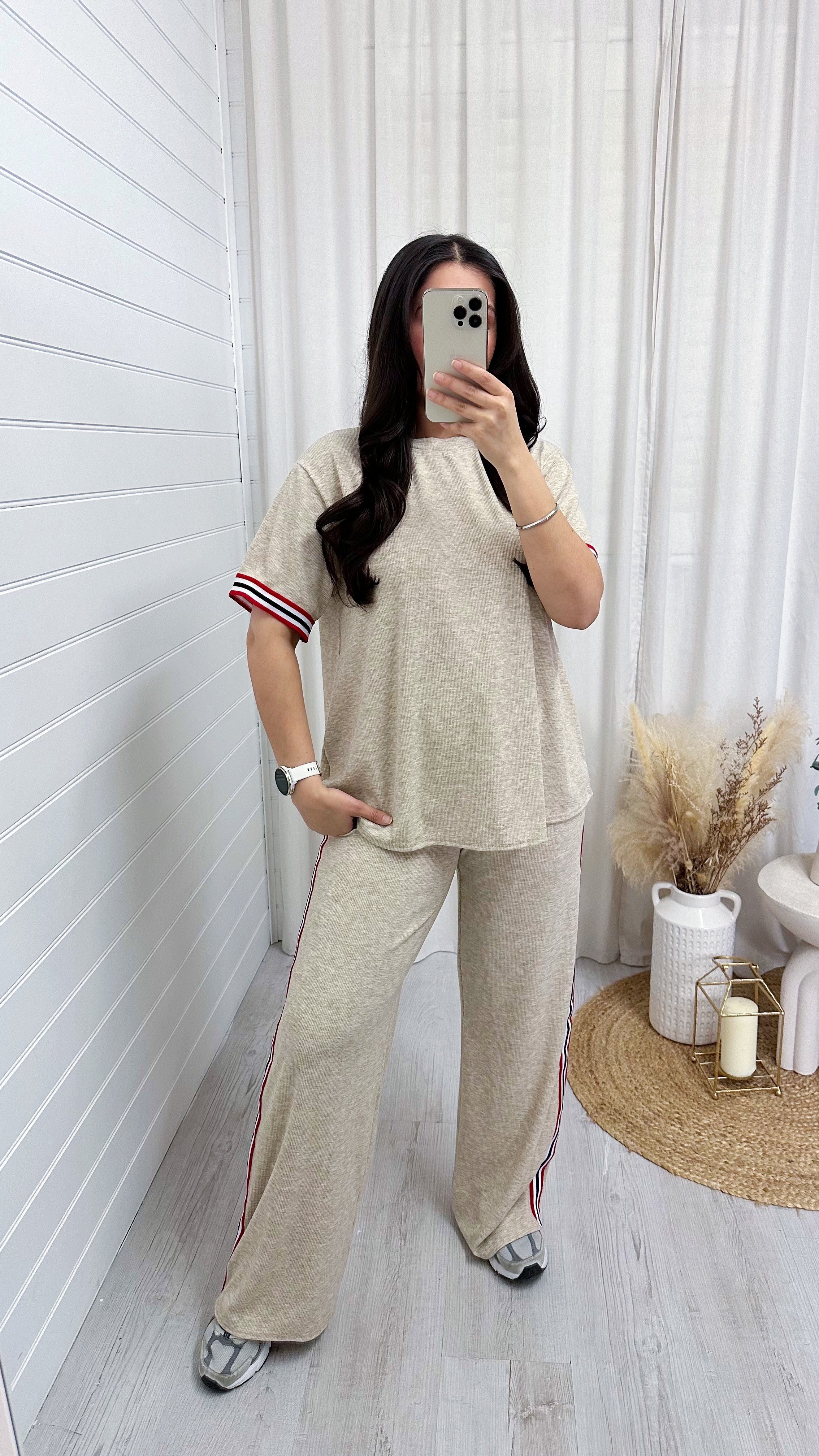Soft Ribbed Side Strip T-Shirt and Trousers Co-Ord - SAND