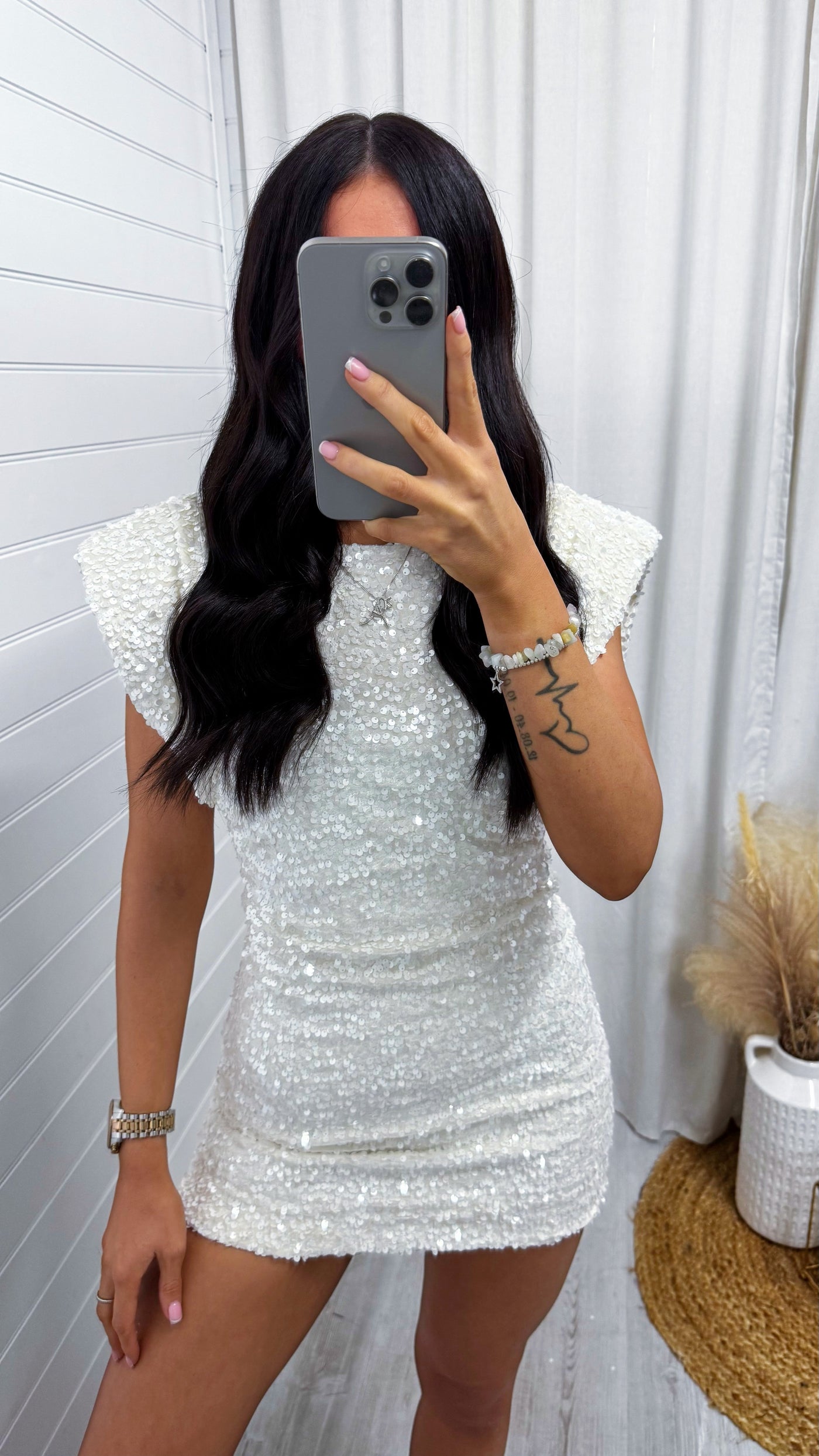 Cap Sleeve Shoulder Padded Velvet Sequin Dress - WHITE