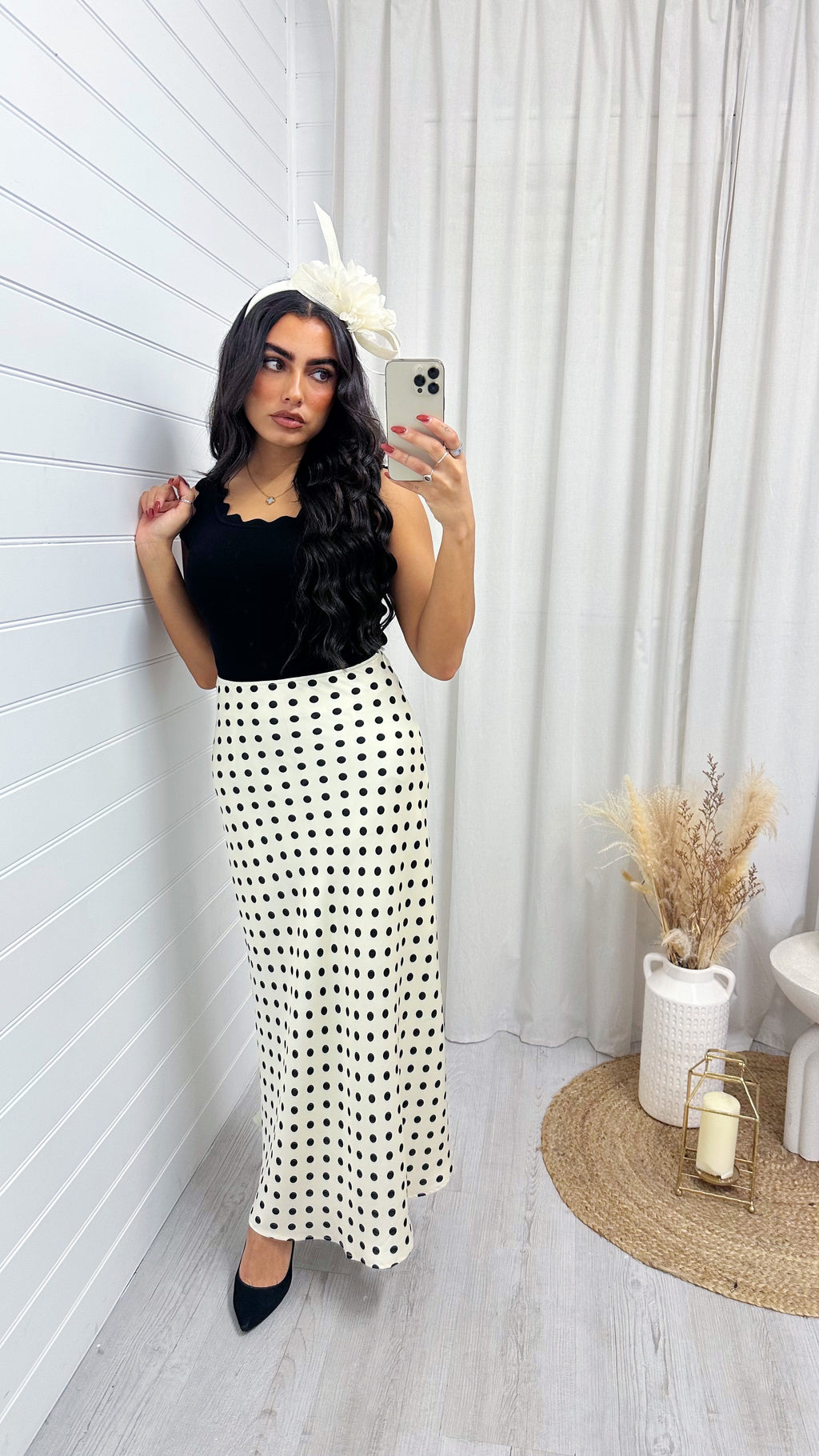 Polka Dot Satin Midi Skirt - CREAM