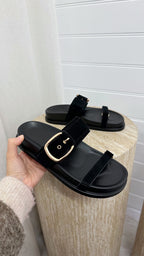 Buckle Strap Suede Sliders - BLACK
