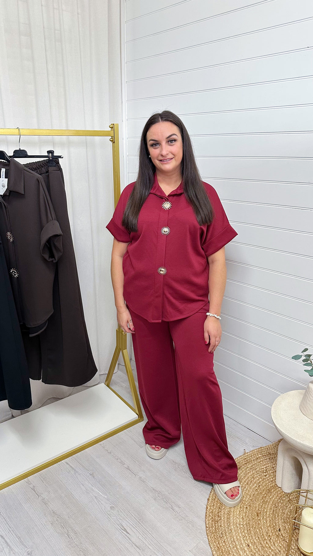 Celestial Gold Button Shirt and Straight Leg Trousers Co-Ord - WINE