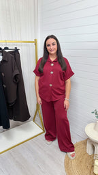 Celestial Gold Button Shirt and Straight Leg Trousers Co-Ord - WINE