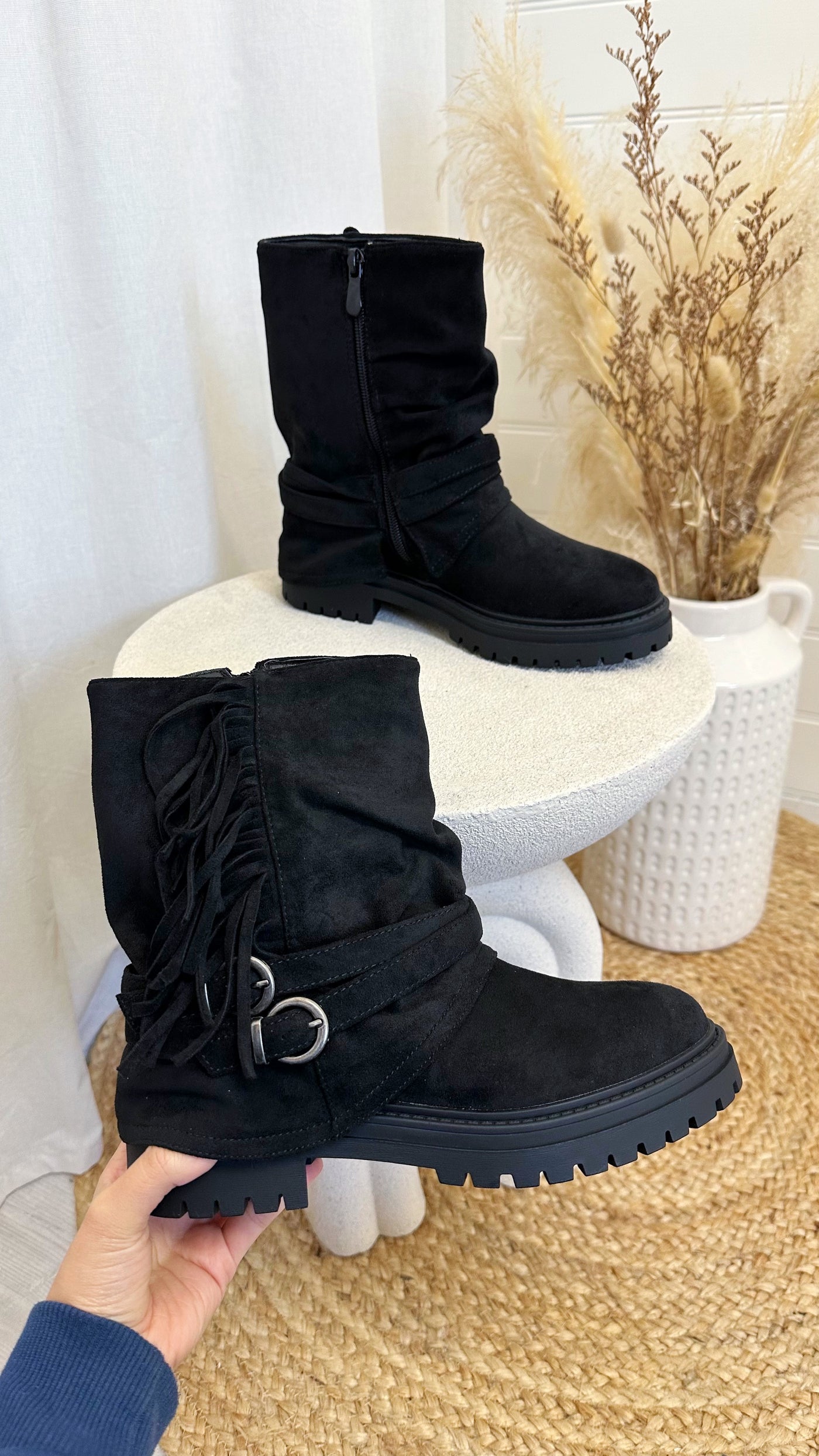 Fold Over Flat Tassel Boots - BLACK