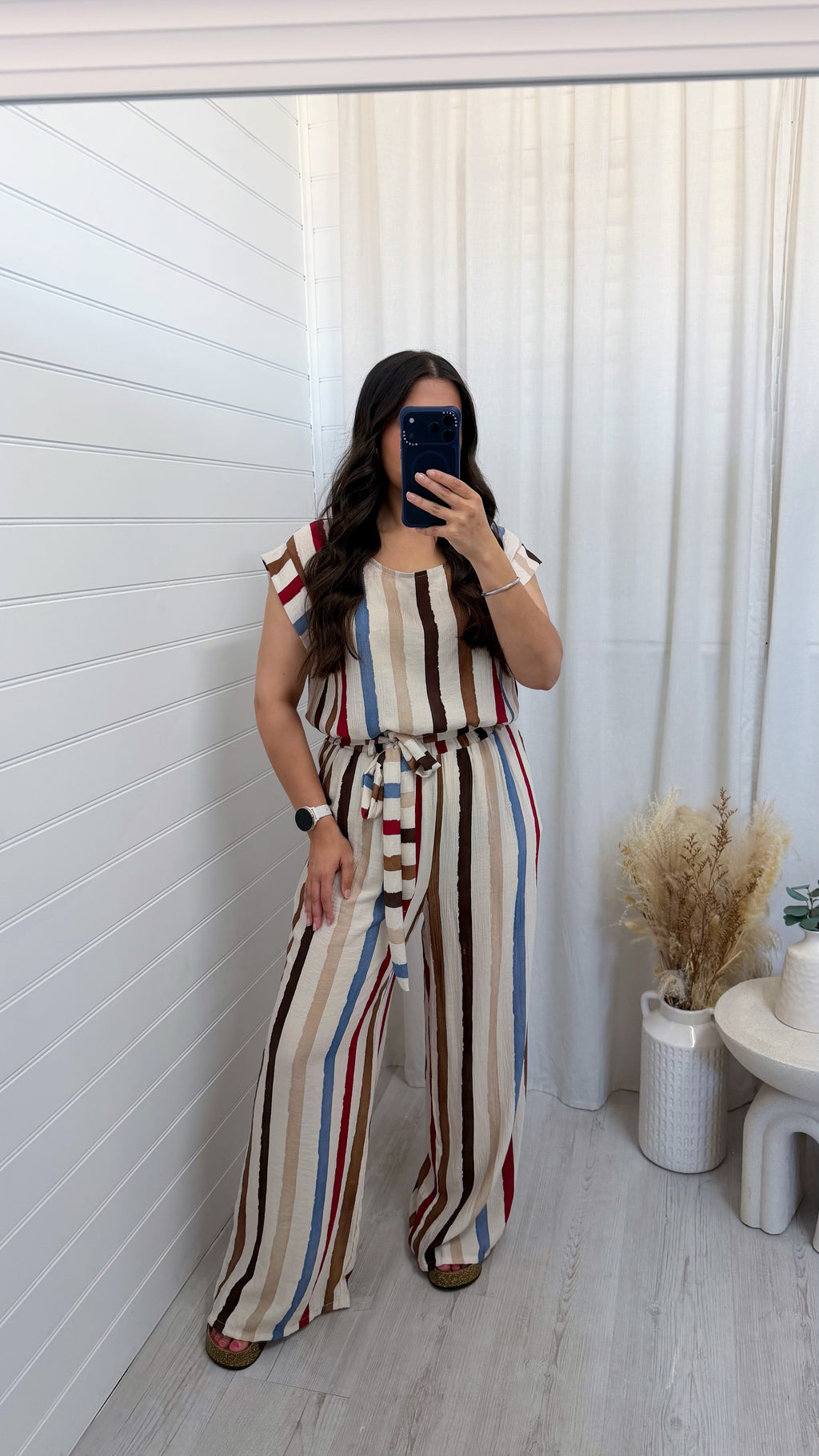 Block Stripe Frill Top and Trouser Co-Ord - BEIGE
