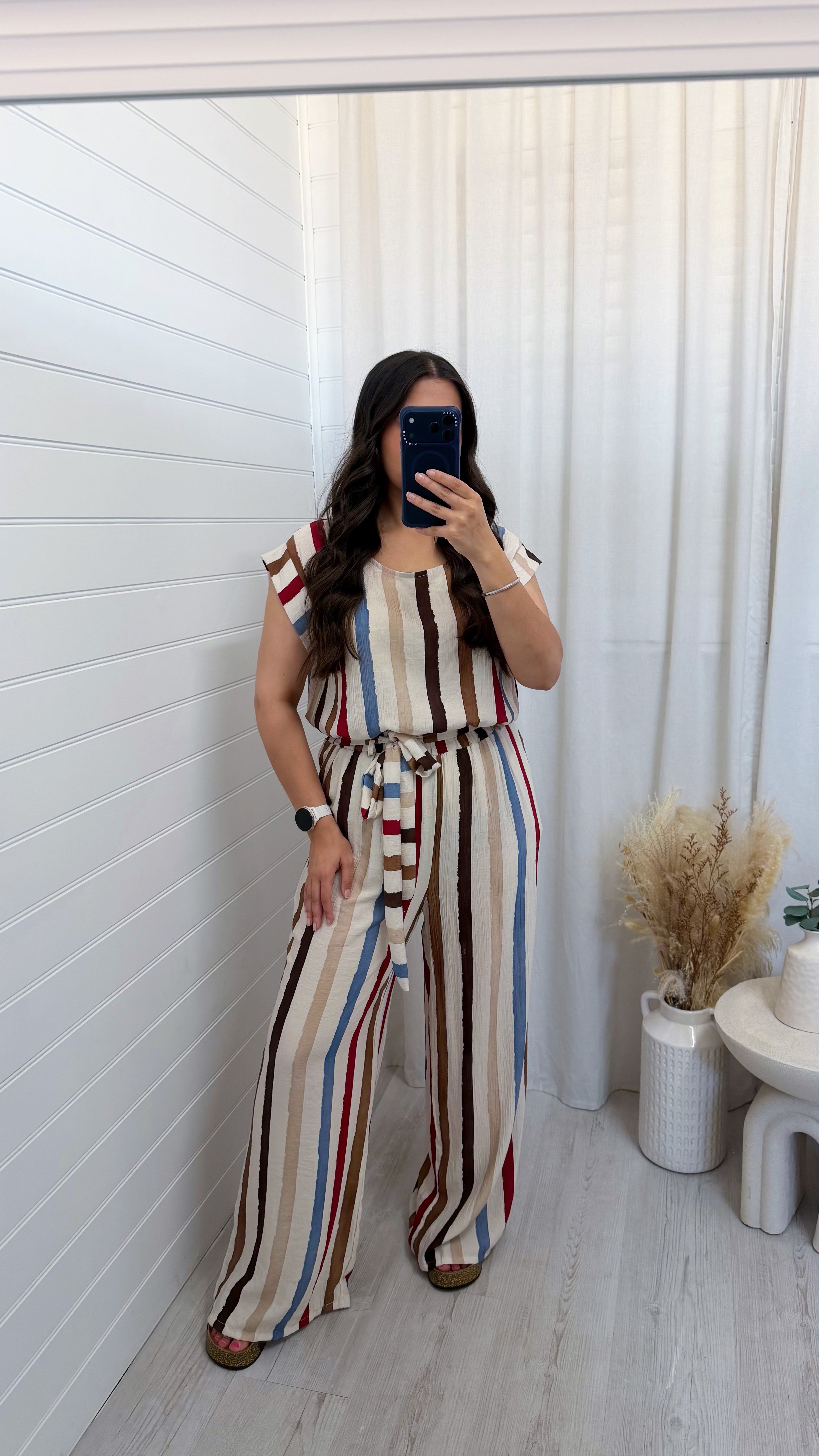 Block Stripe Frill Top and Trouser Co-Ord - BEIGE