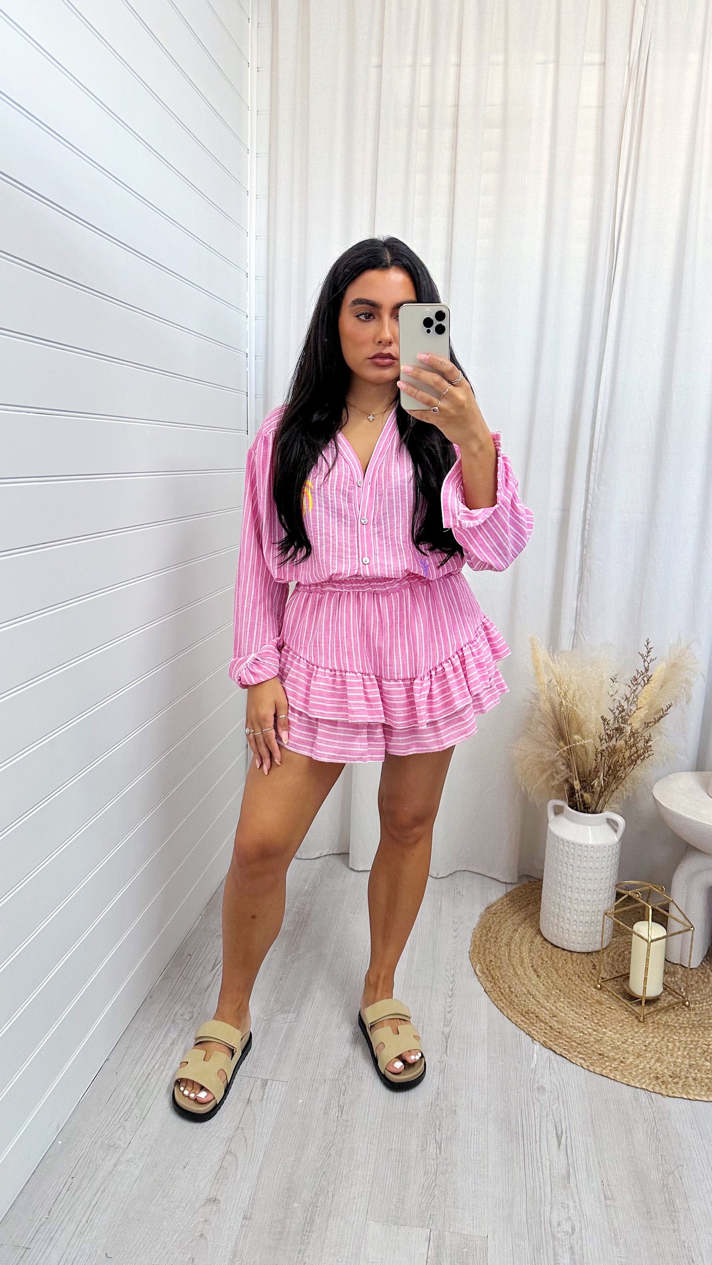 Neon Print Pinstripe Shirt and Frill Skort Co-Ord - PINK