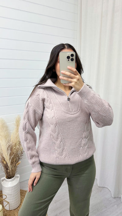 Half Zip Cable Knit Jumper - TAUPE