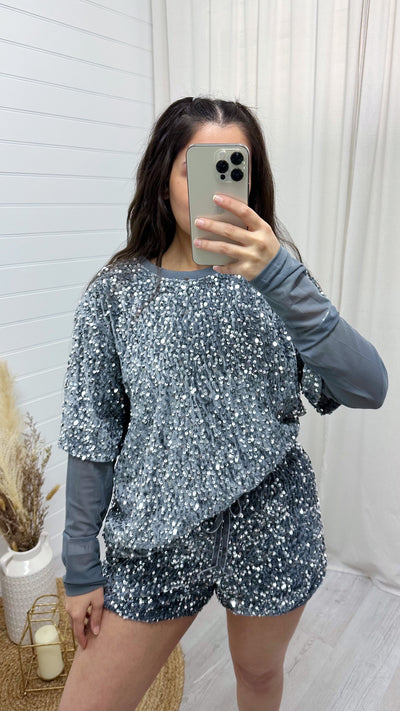 Mesh Sleeve Oversized Sequin T-Shirt - SILVER