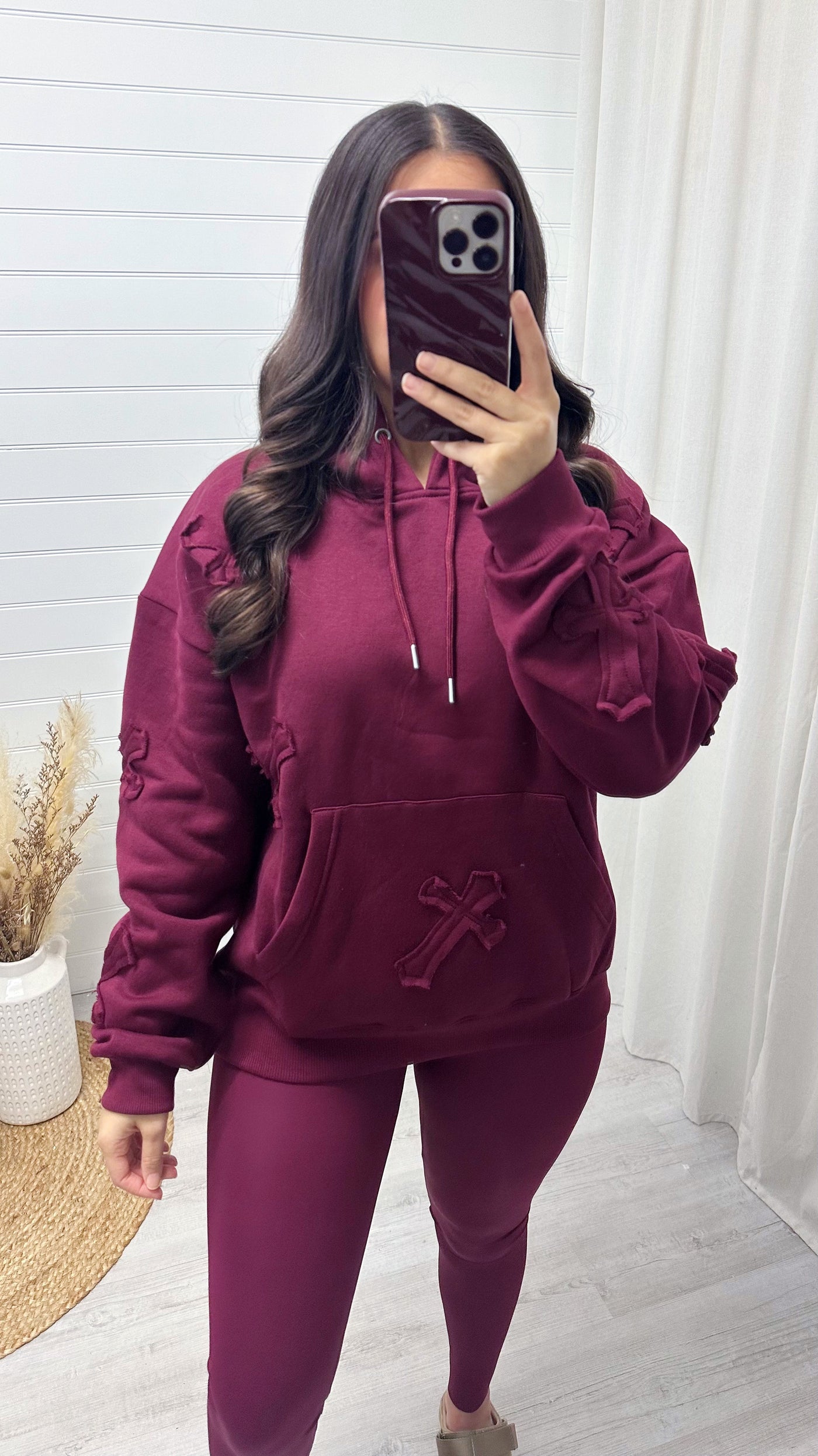 Oversized Distressed Cross Hoodie - WINE