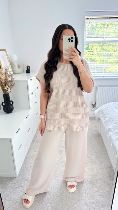 Crinkle Pleated Top and Wide Leg Trousers Co-Ord - LIGHT BEIGE