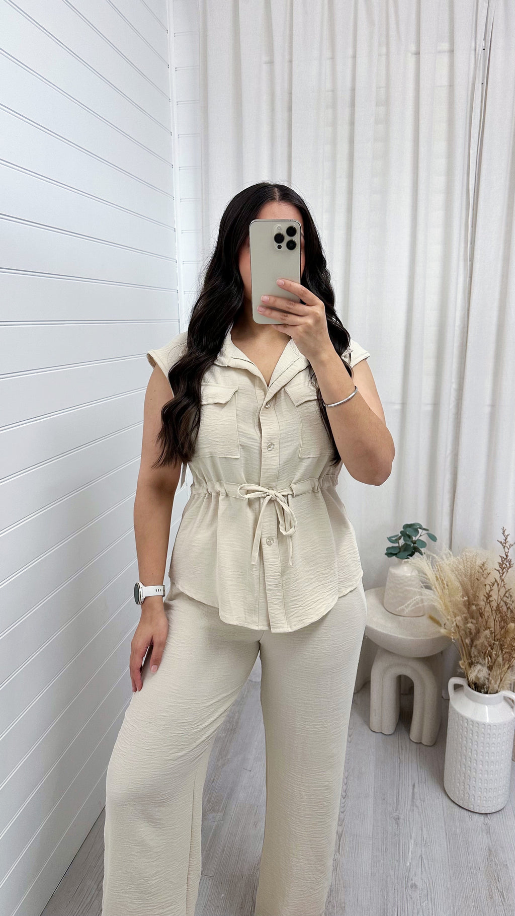 Sleeveless Cinch Shirt and Trousers Co-Ord - LIGHT BEIGE