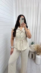 Sleeveless Cinch Shirt and Trousers Co-Ord - LIGHT BEIGE