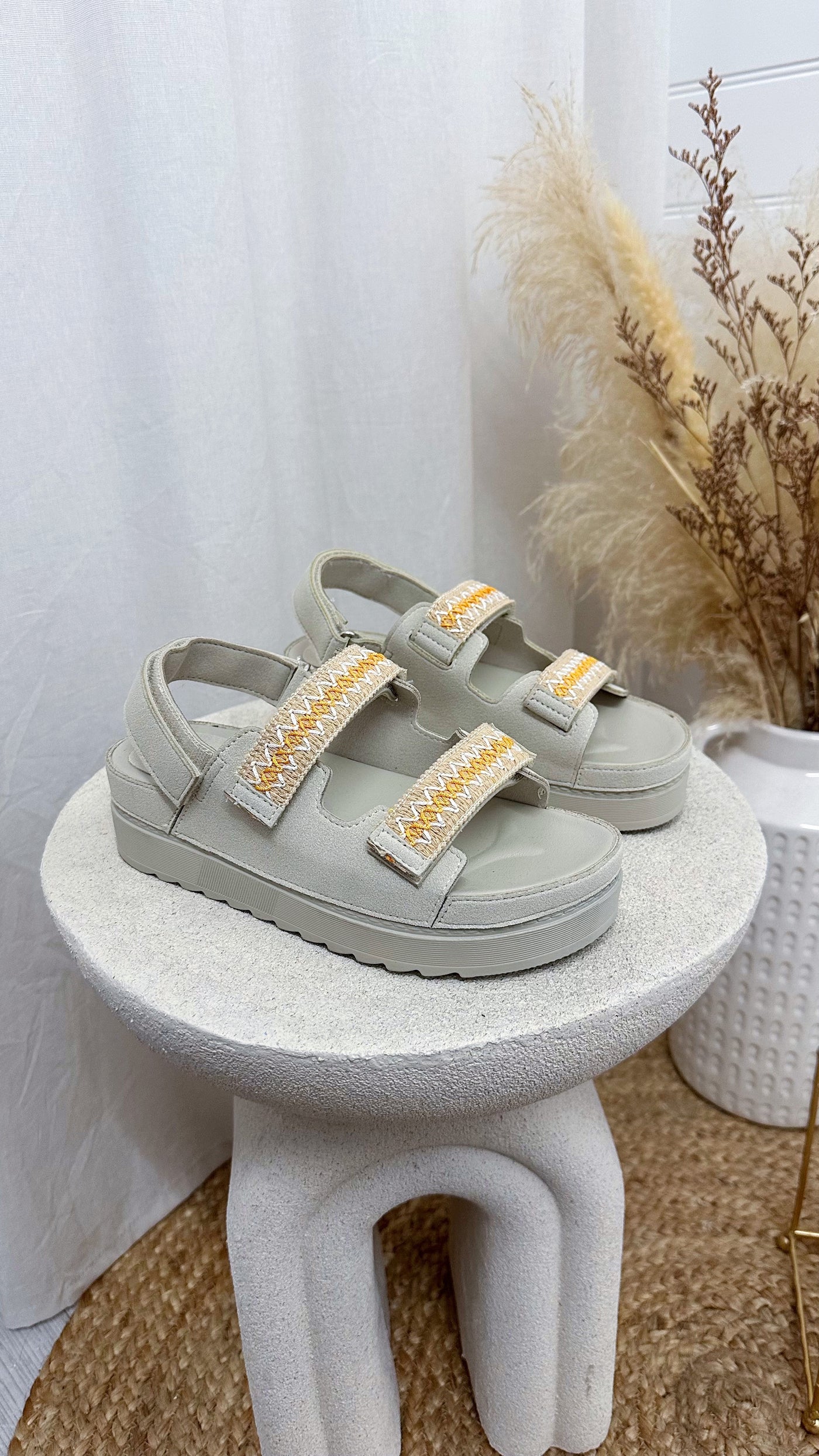 Embroidered Double Strap Sandals - BEIGE