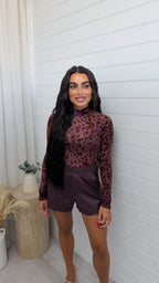 Leopard Print Mesh Body Suit - PLUM