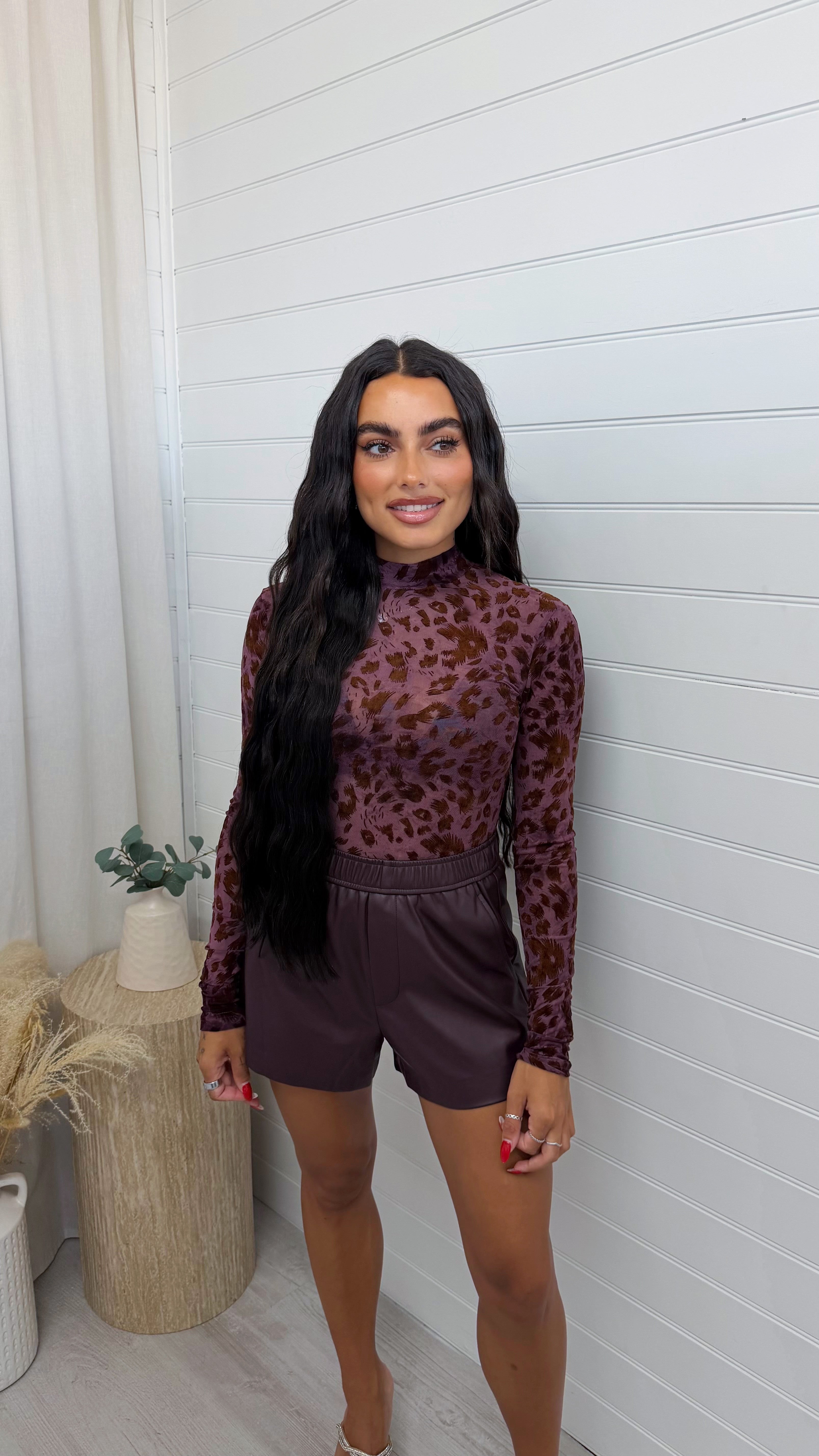 Leopard Print Mesh Body Suit - PLUM