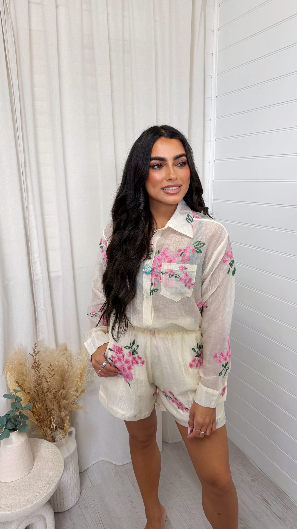 Sheer Floral Embroidered Shirt and Shorts Co-Ord - CREAM