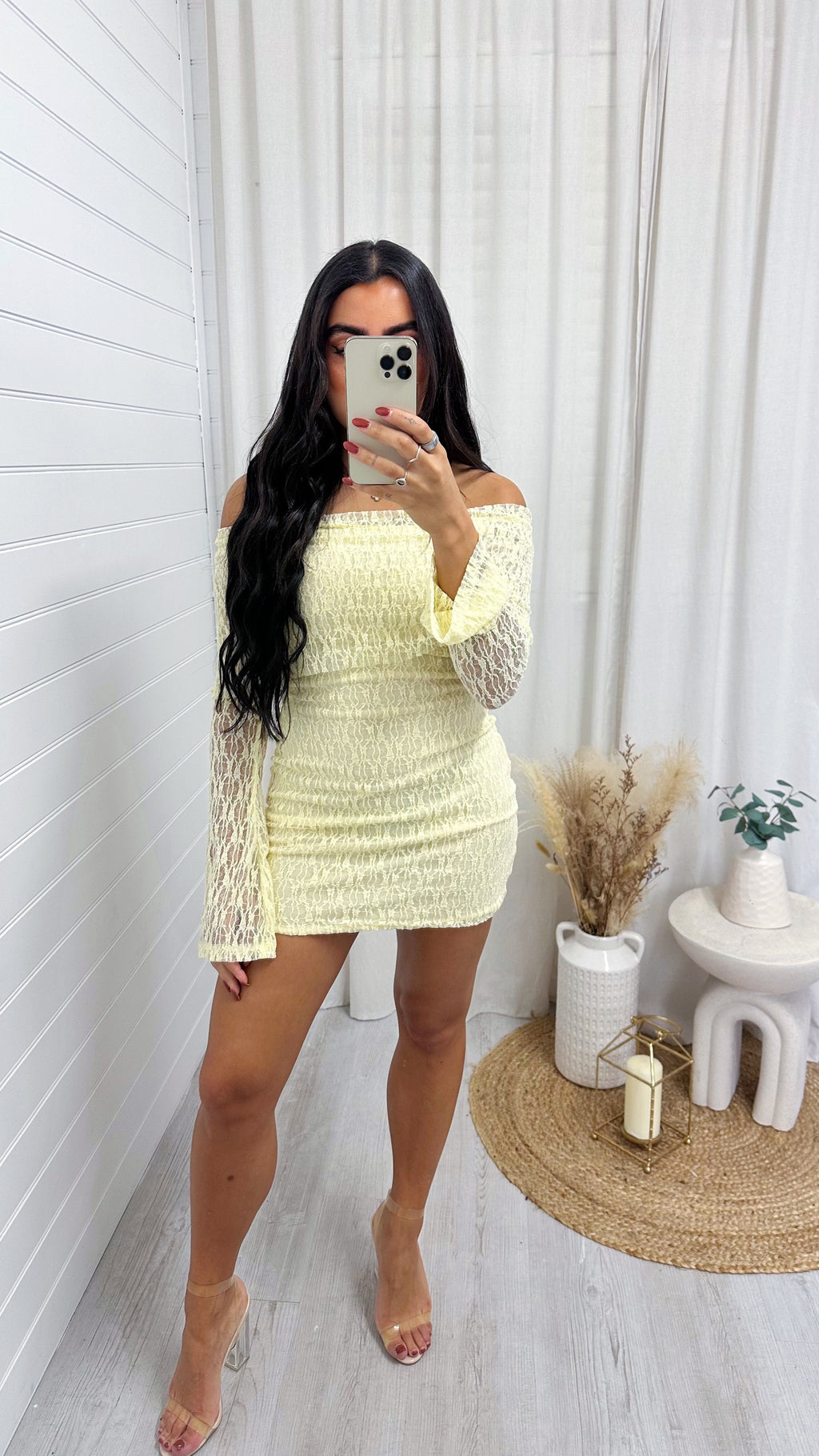 Lace Bardot Mini Dress - YELLOW