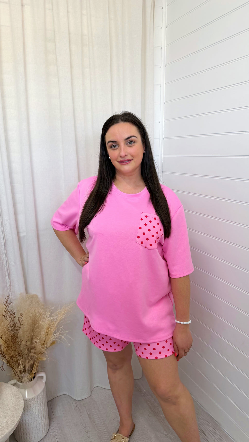 Polka Dot Baggy T-Shirt and Shorts Co-Ord - CANDY PINK