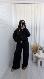 Oversized Pinstripe Shirt and Trousers Co-Ord - BLACK