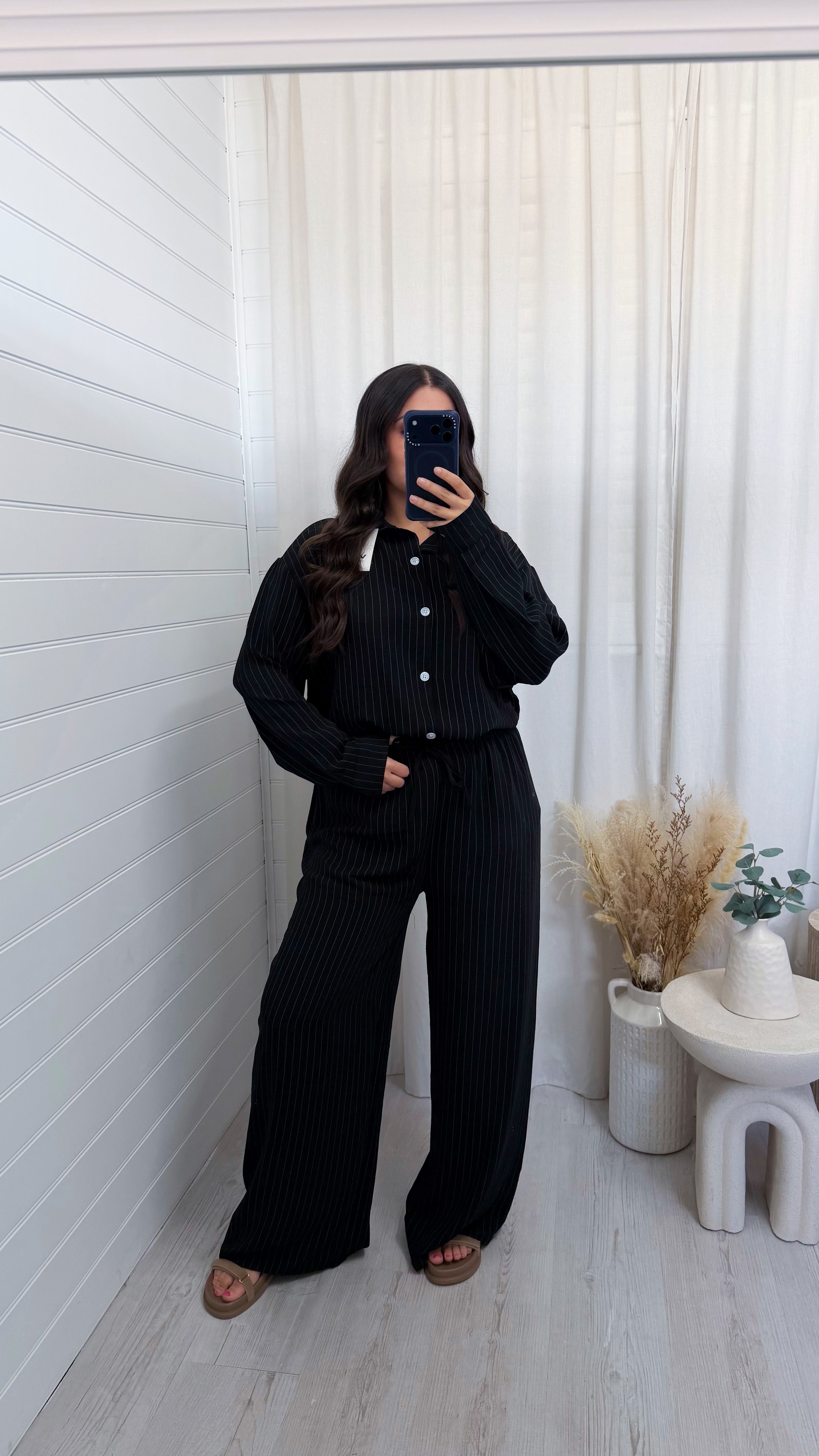 Oversized Pinstripe Shirt and Trousers Co-Ord - BLACK