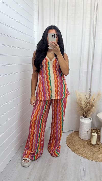 Zig Zag Strappy Vest Top and Wide Leg Trousers Co-Ord - ORANGE/LILAC