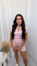 Stripey Button Up Ribbed Playsuit - PINK