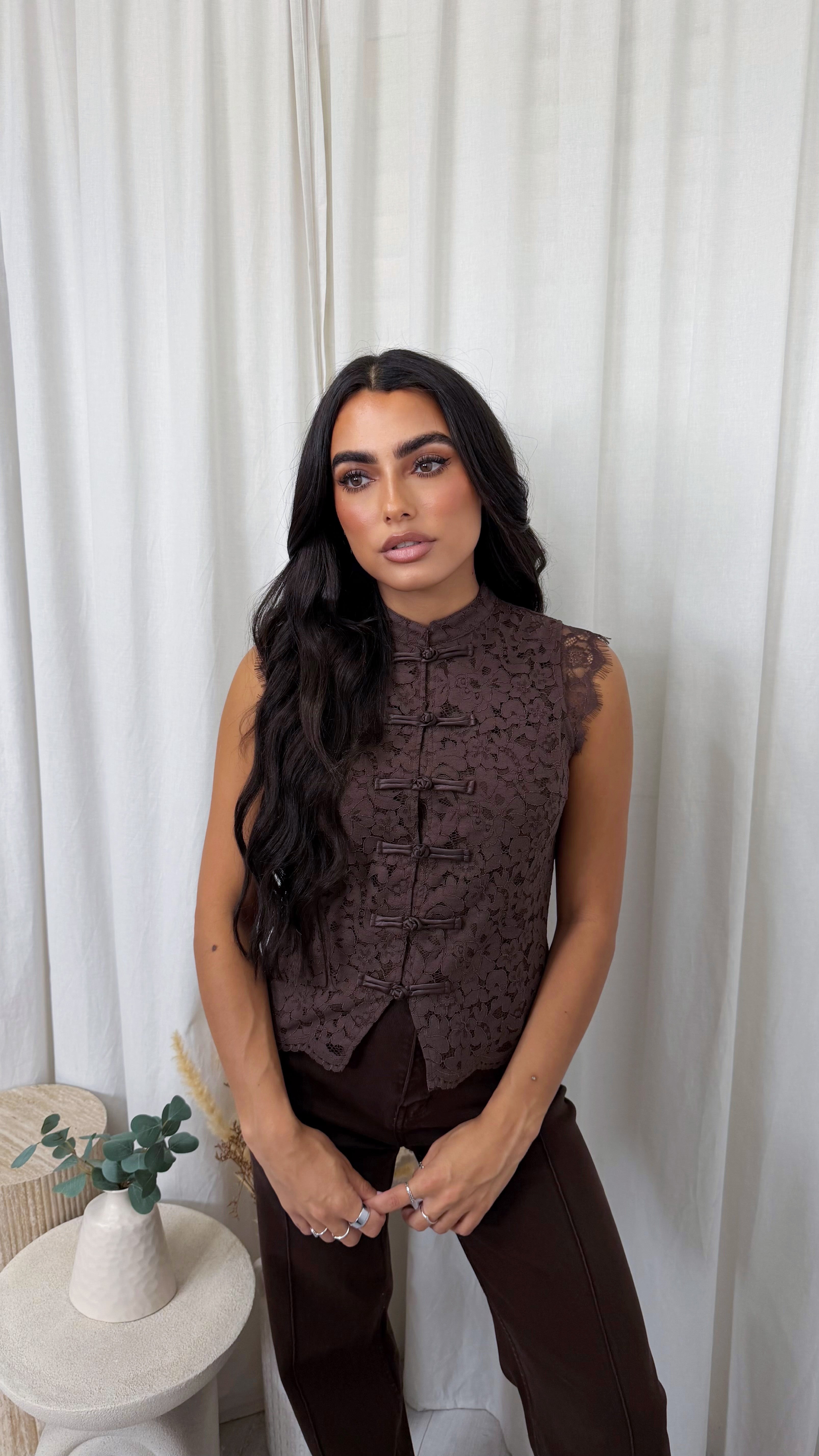 Lace Button Down Waistcoat - BROWN