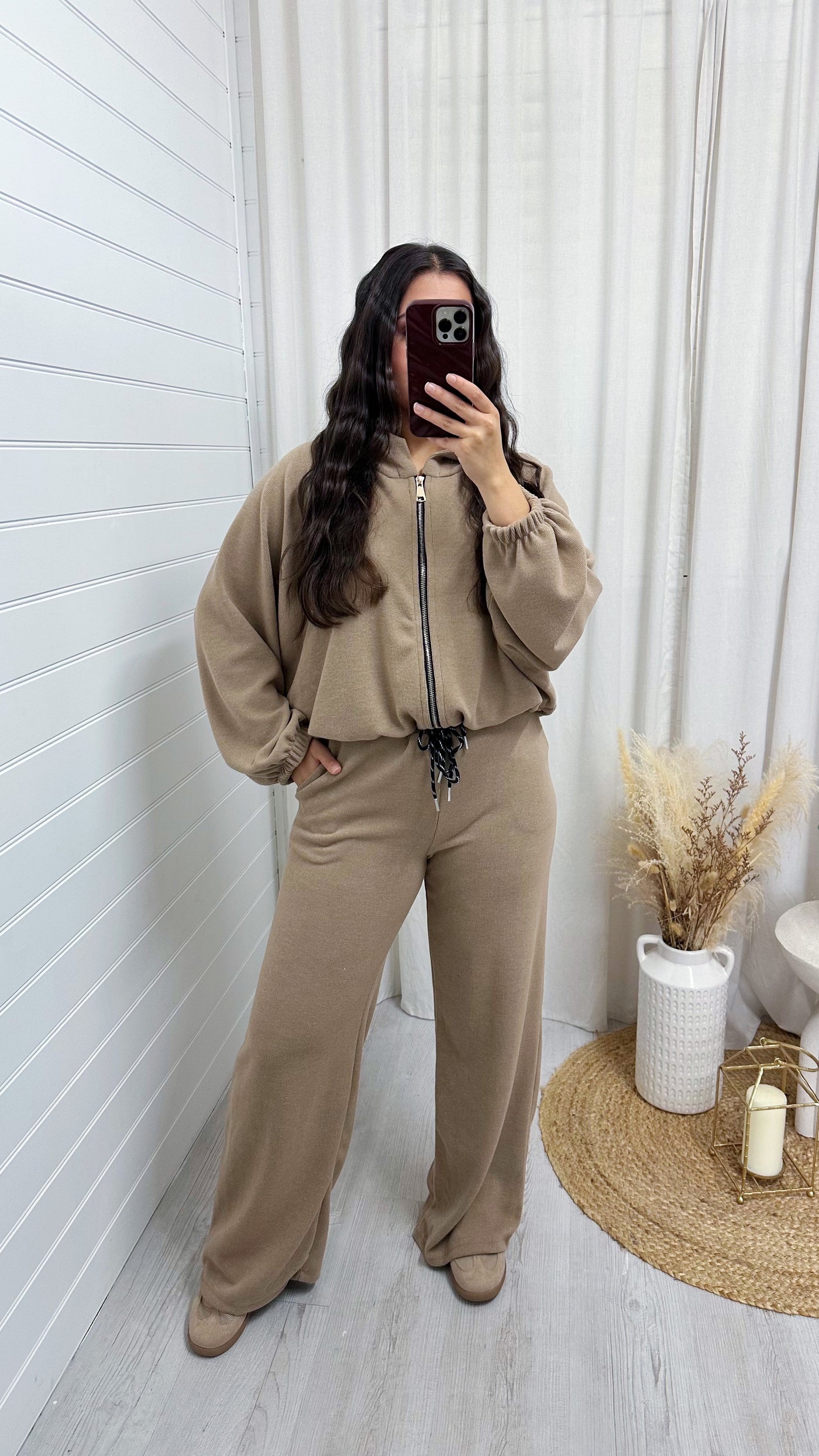 Shimmery Knitted  Bomber Jacket and Joggers Co-Ord - TAUPE