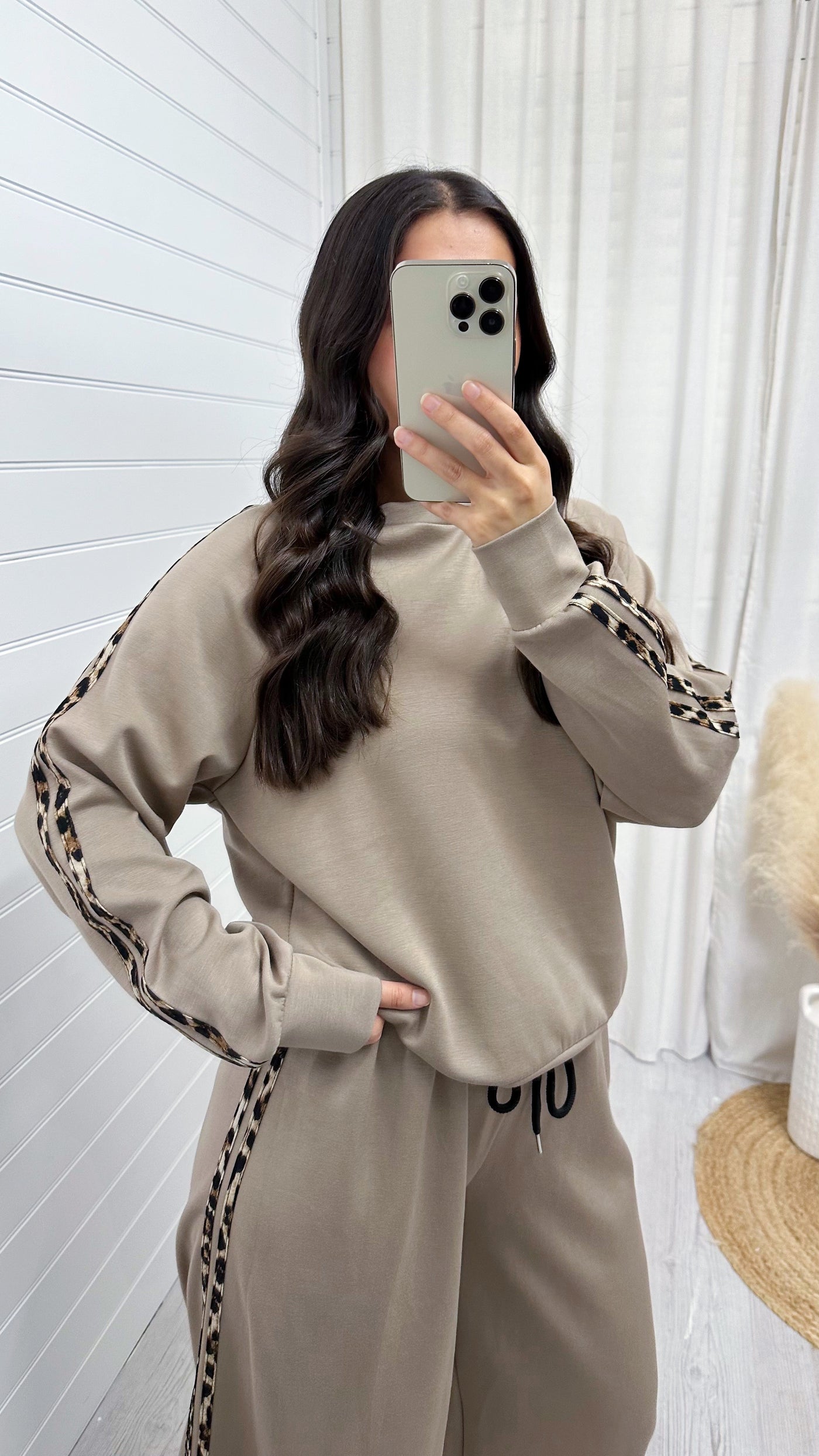 Leopard Trim Sweatshirt and Joggers Co-Ord - MOCHA