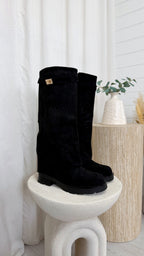 Knee High Gold Buckle Fold Over Boots - BLACK