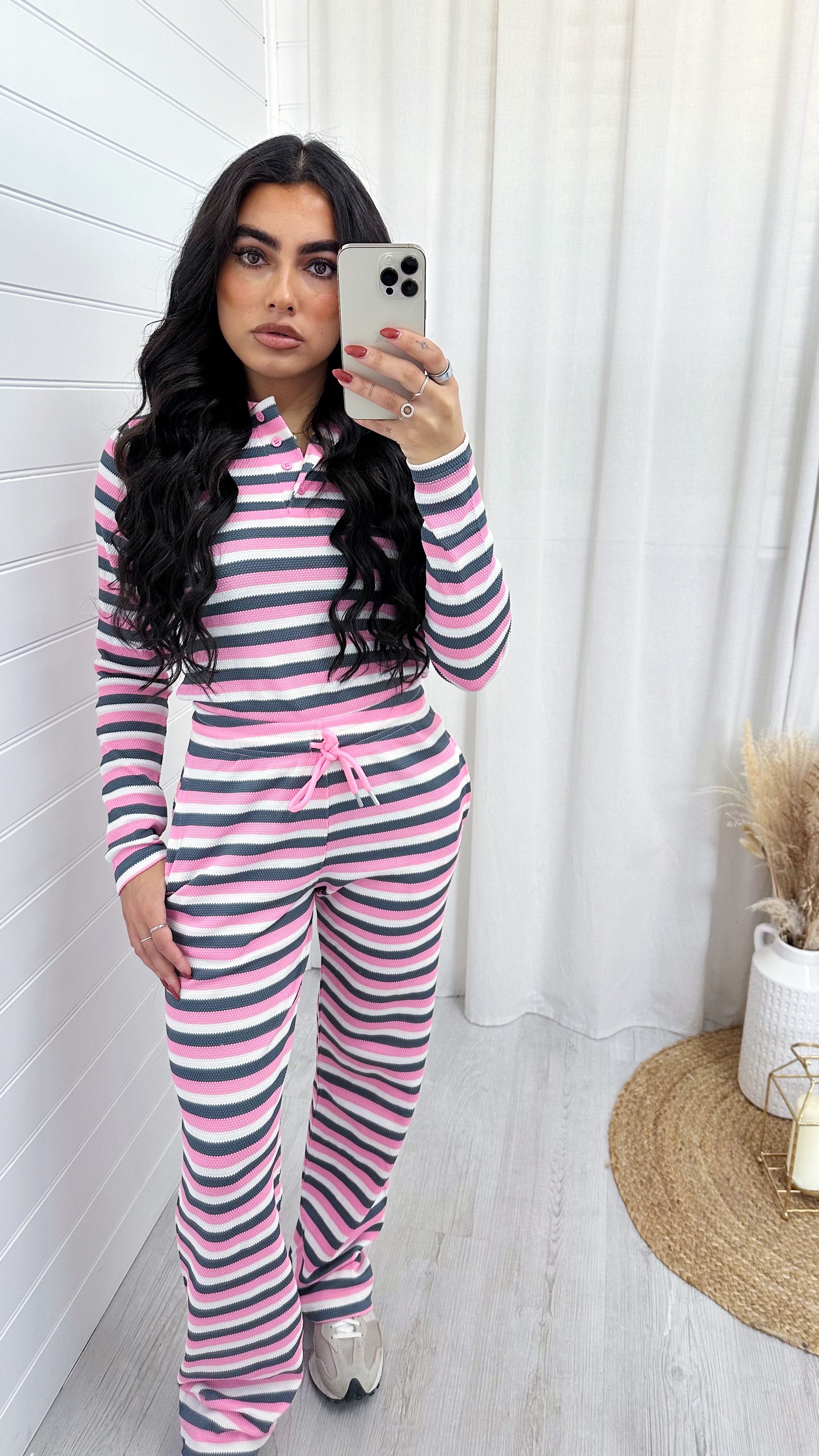 Woven Knit Stripey Top and Trousers Co-Ord - PINK/GREY