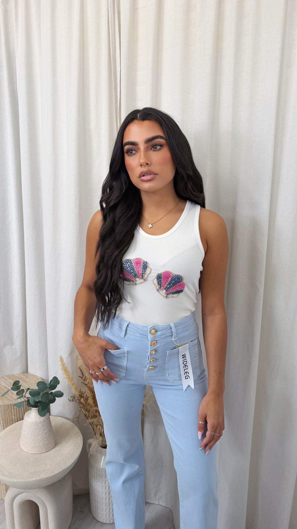 Seashell Beaded Rib Vest Top - PINK/BLUE