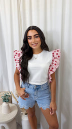 Frill Shoulder Polka Dot T-Shirt - WHITE