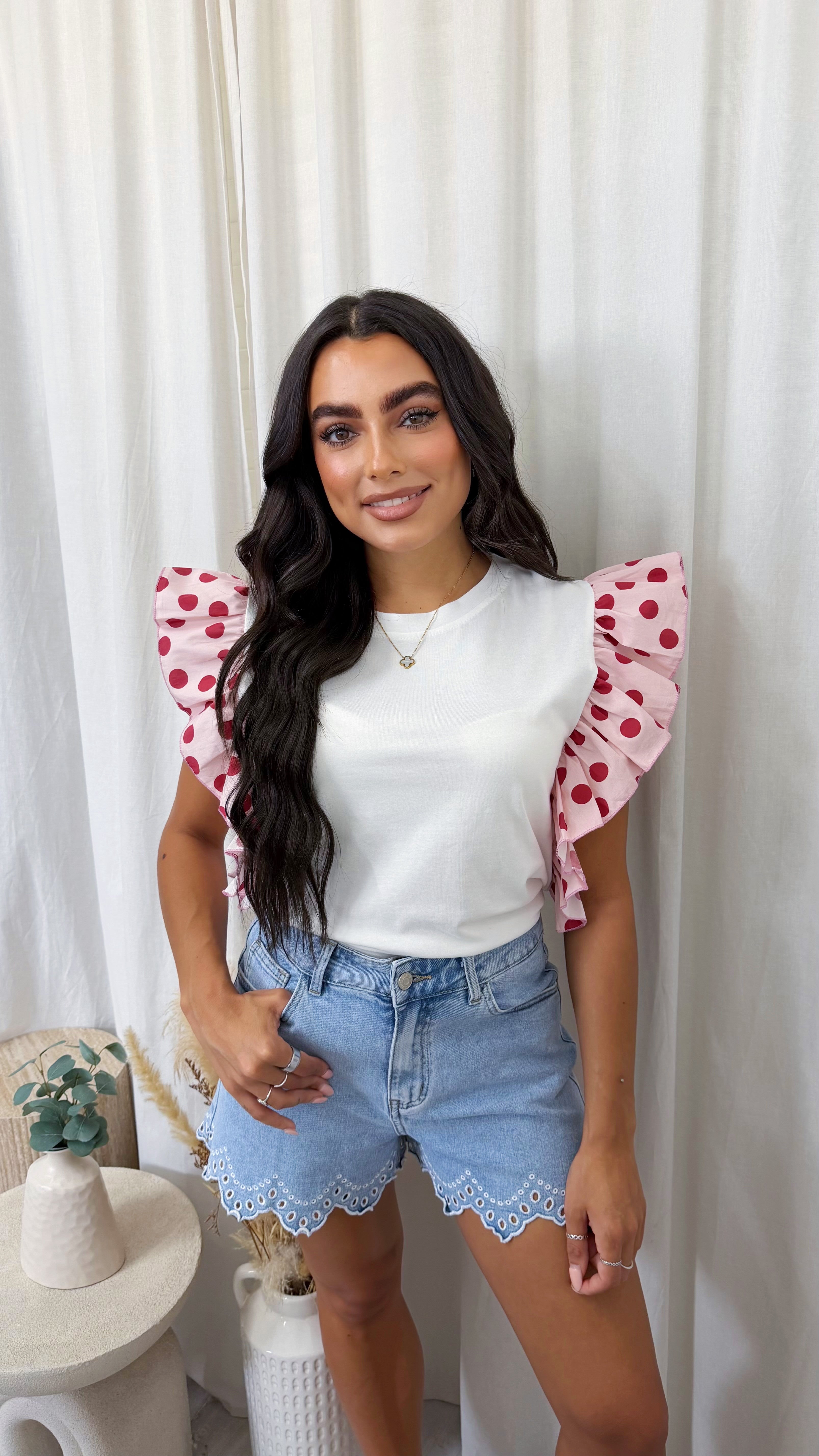 Frill Shoulder Polka Dot T-Shirt - WHITE