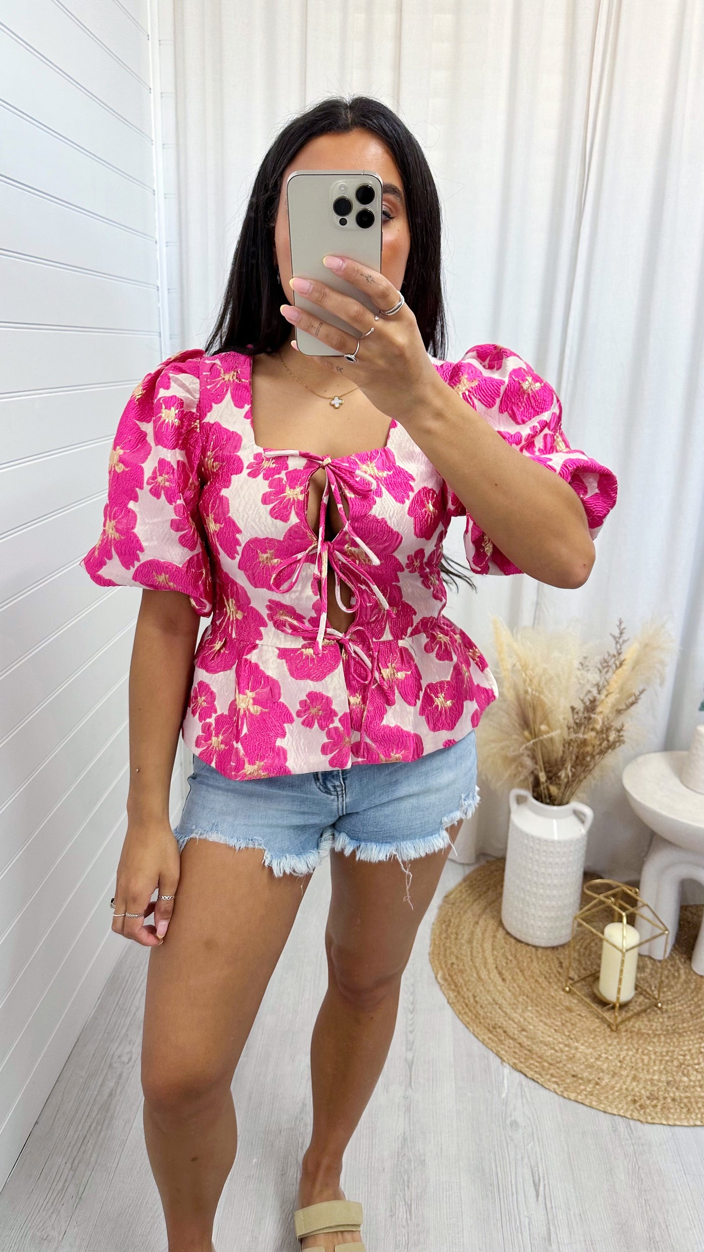 Peplum Tie Front Floral Jacquard Top - HOT PINK