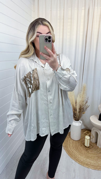 Satin Sequin Pocket Shirt -  CREAM