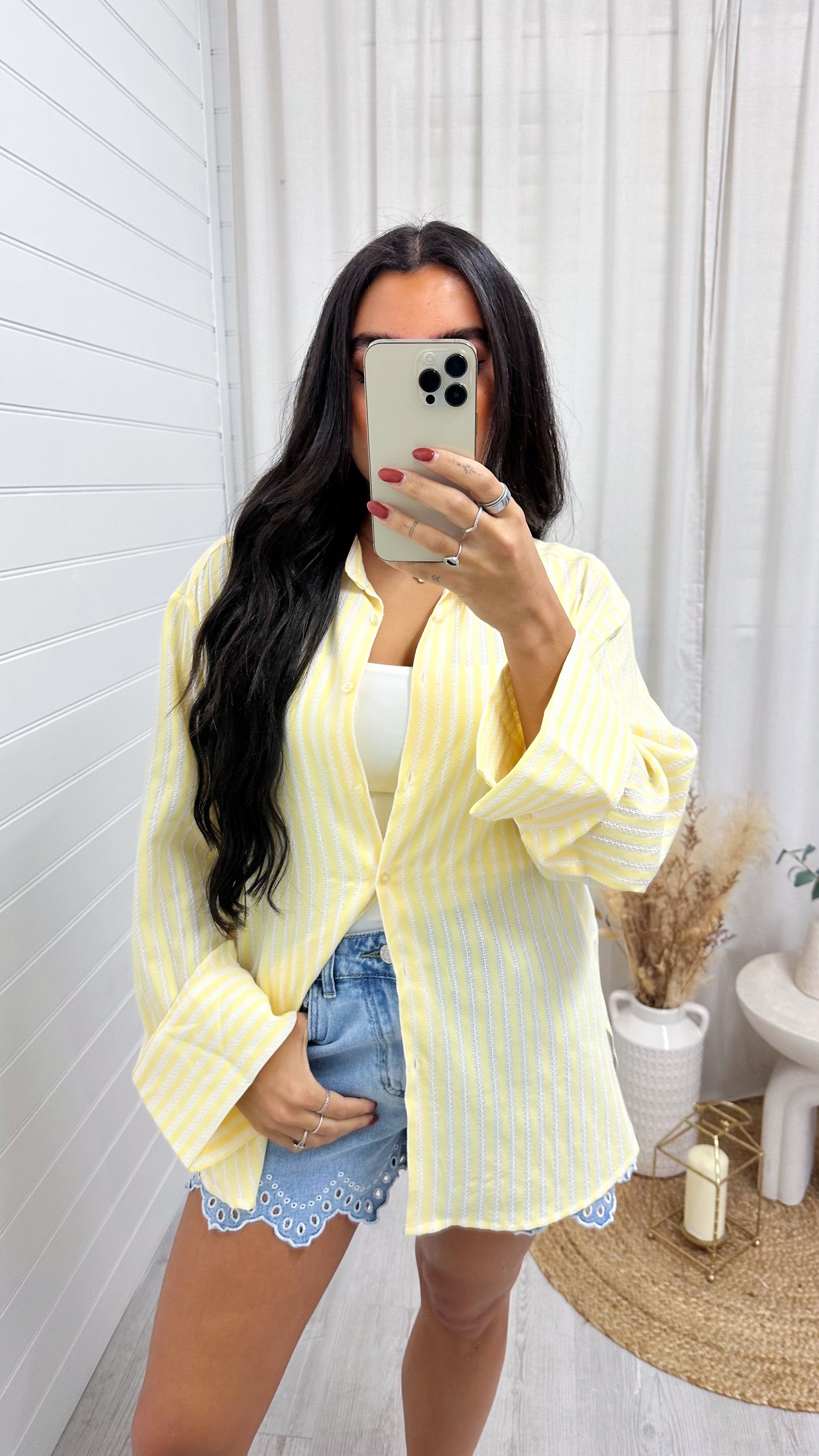 Pinstripe Oversized Cotton Shirt - LEMON