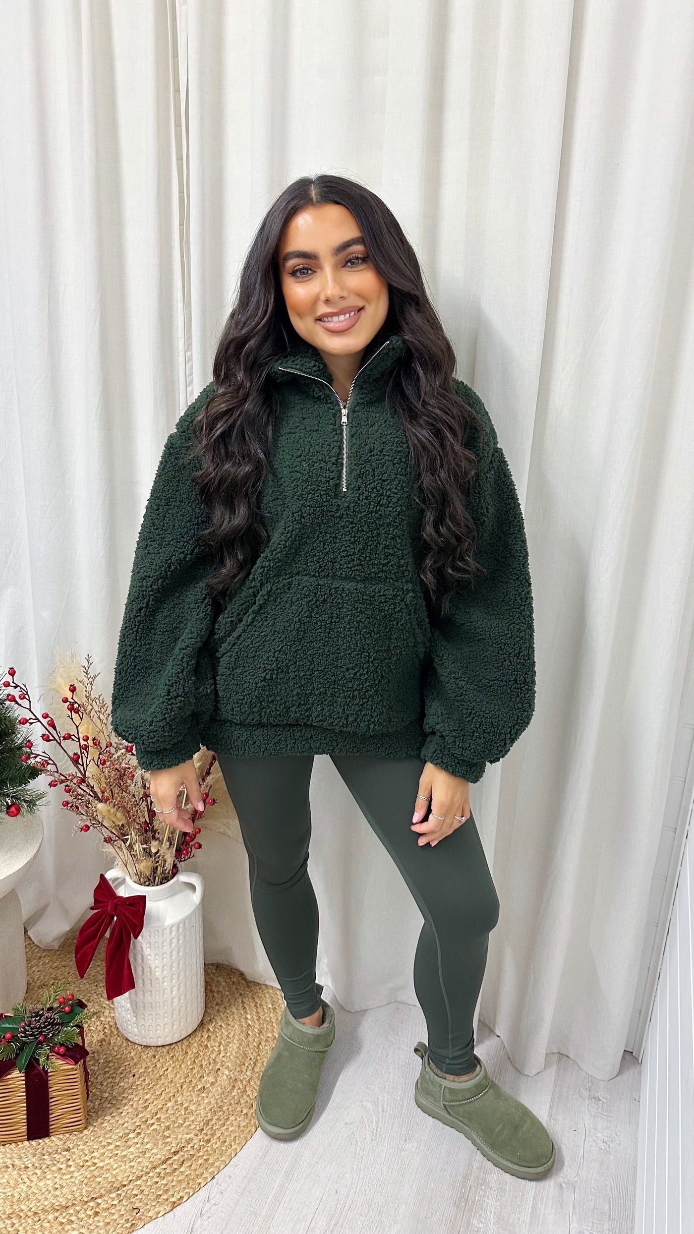 Teddy Fleece Quarter Zip Sweatshirt - PINE GREEN