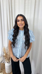 Frilly Sheer Polka Blouse - BLUE