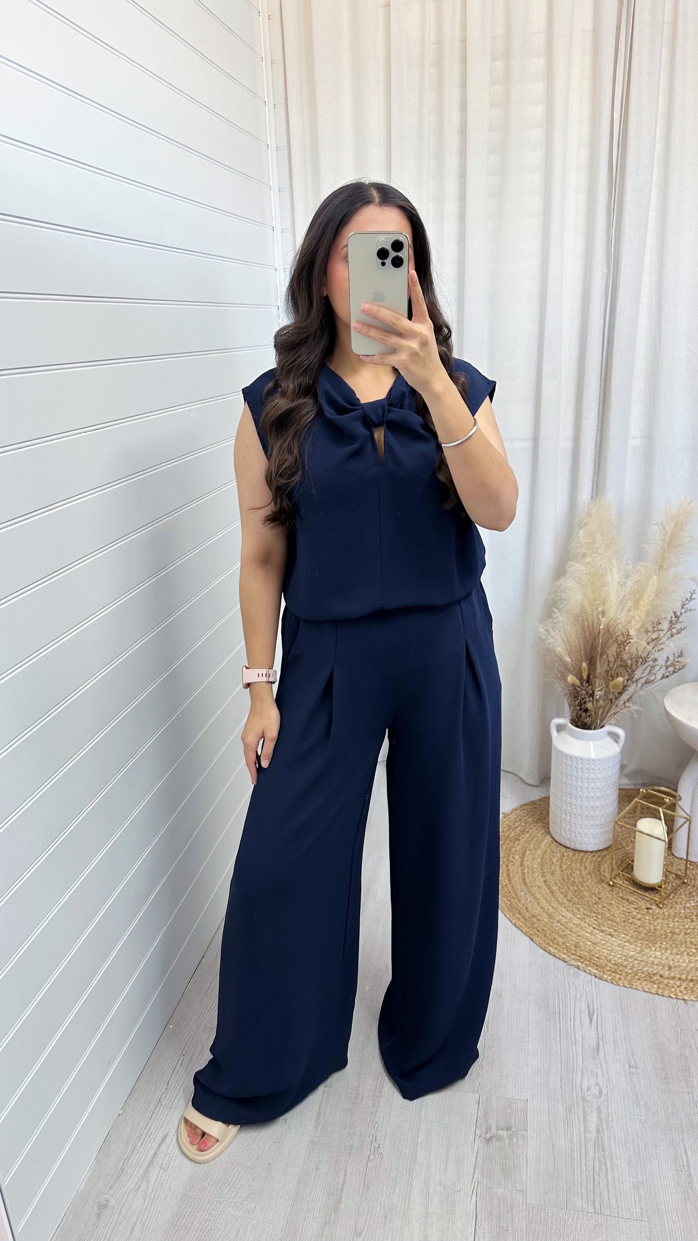 Sleeveless Bow Top and Wide Leg Trousers Co-Ord - NAVY