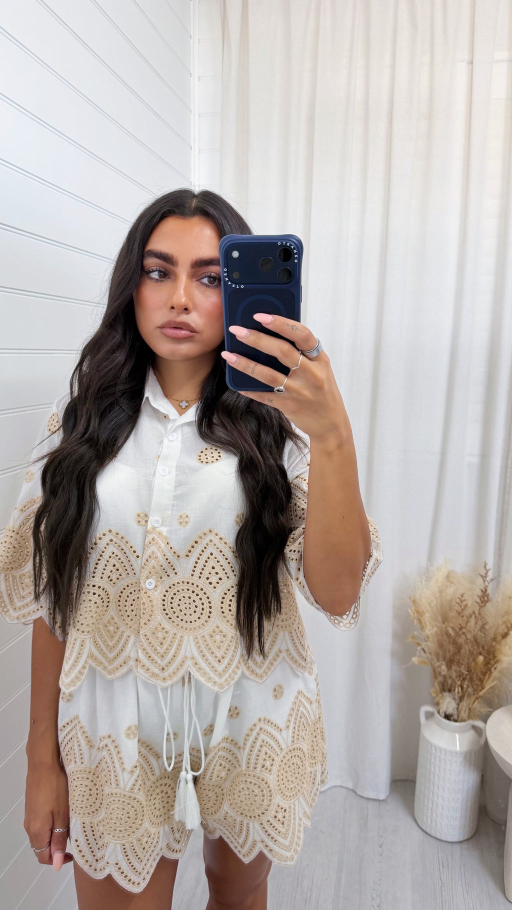 Embroidery Anglaise Scalloped Shirt and Shorts Co-Ord - WHITE