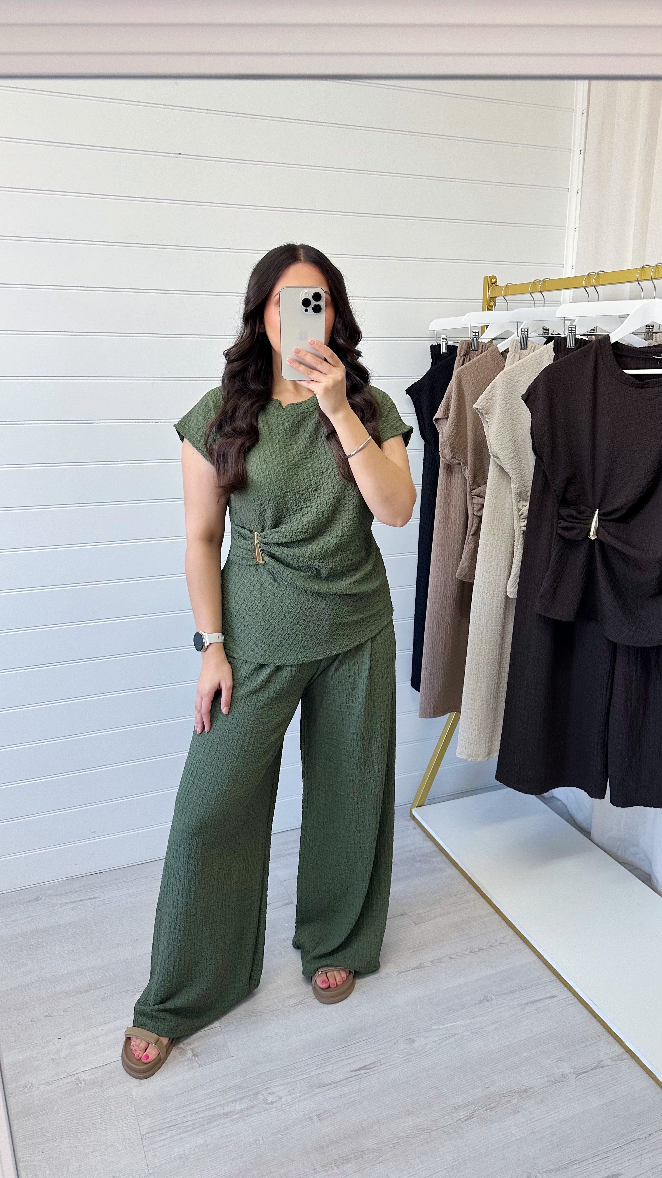 Gold Clasp Ruched Top and Wide Leg Trousers Co-Ord - KHAKI