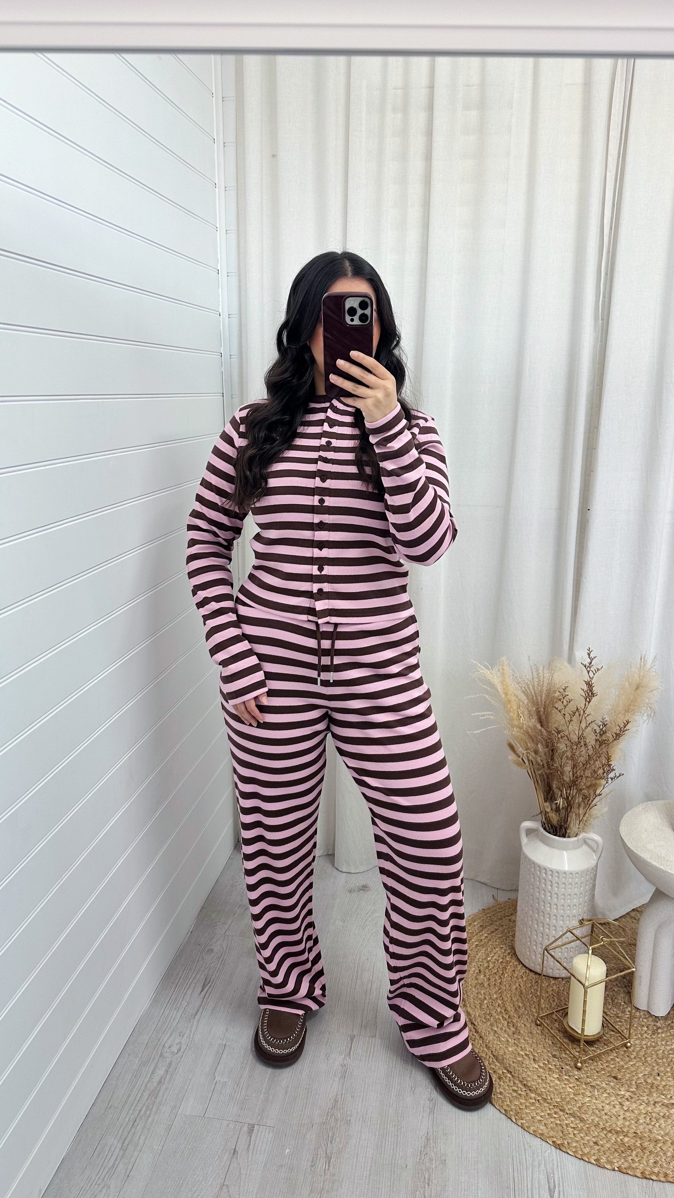 Stripe Knit Cardigan and Straight Leg Joggers Co-Ord - PINK/BROWN