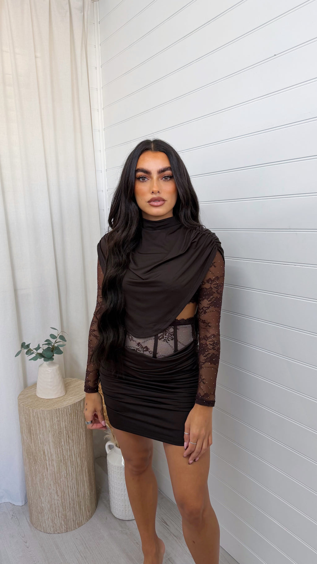 Lace Insert Top and Corset Ruched Skirt Co-Ord - BROWN