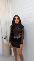 Lace Insert Top and Corset Ruched Skirt Co-Ord - BROWN